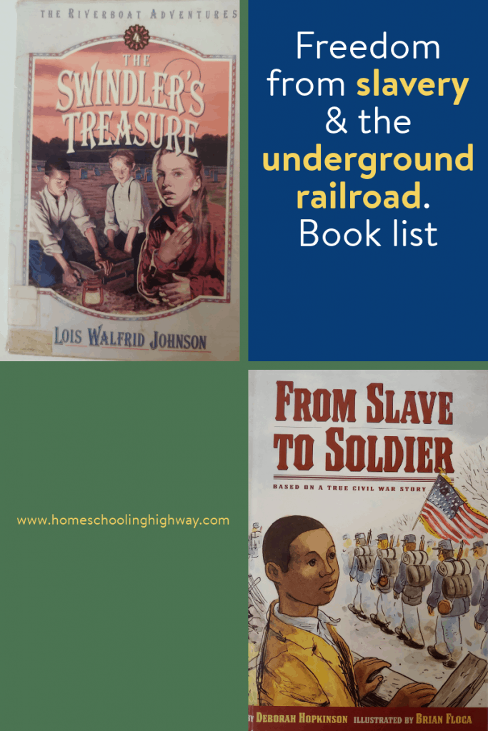 Pictures of book covers from stories about the underground railroad and freedom from slavery