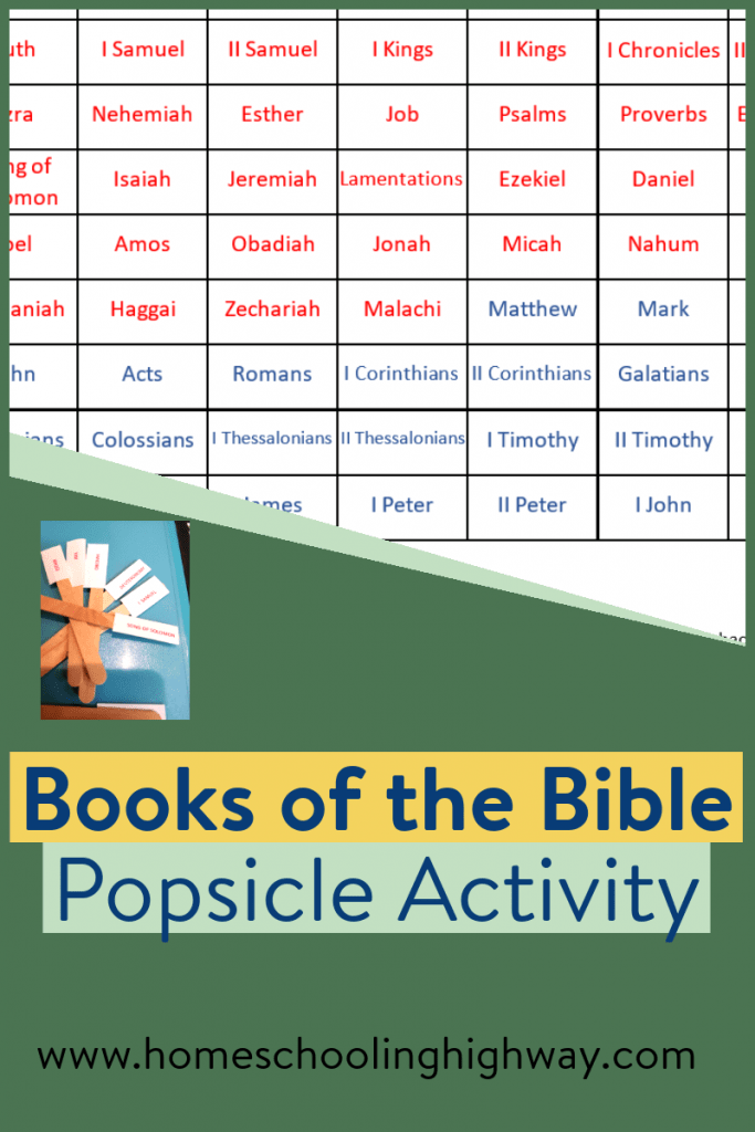 Green background with text that reads, Books of the Bible popsicle activity