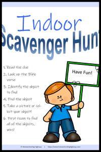 smiling cartoon boy holding a sign that says have fun. Text reads Indoor Scavenger hunt, use your Bible to uncover the object to hunt for