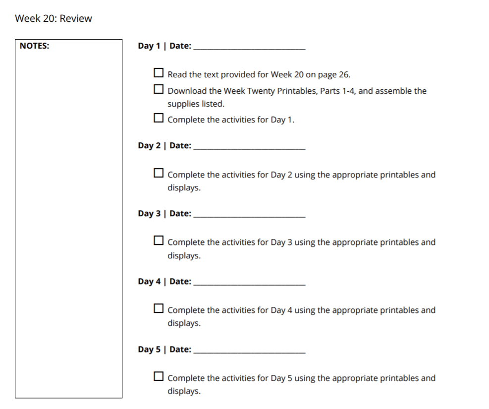 check off list for elementary age class