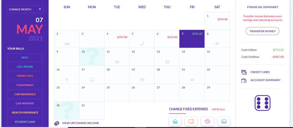 Monthly calendar for Personal Finance Lab's Budgeting Game