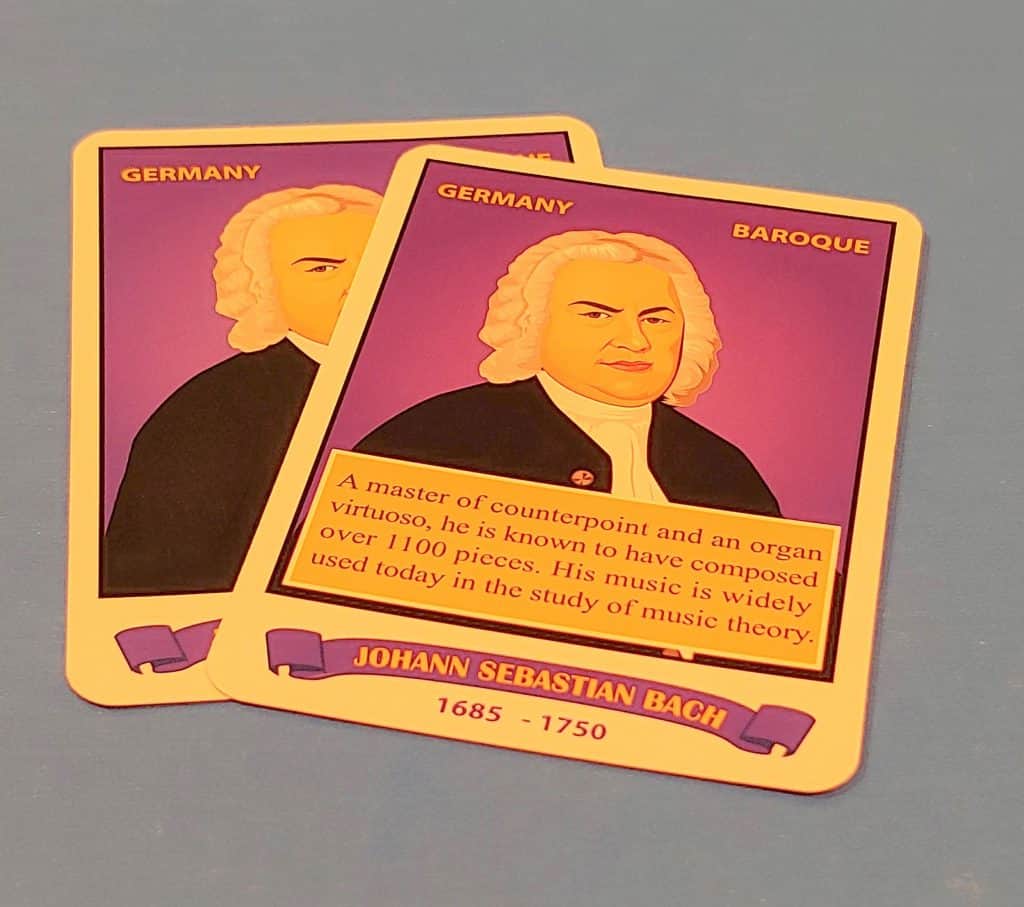 A pare of composer cards in Bryon's Game, Maestro Mastery - Explore the Composers