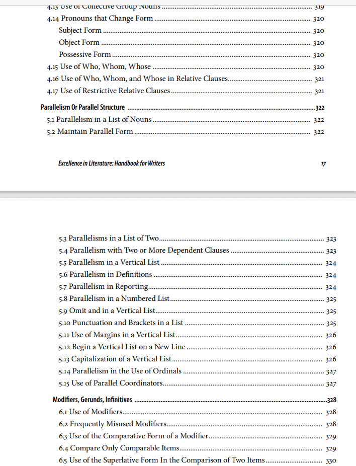 Table of Contents of Excellence in Literature Handbook for Writers