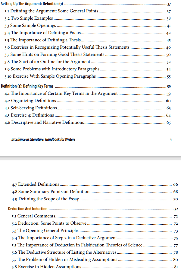 Table of Content screenshot of Part One of Excellence in Literature Handbook for Writers