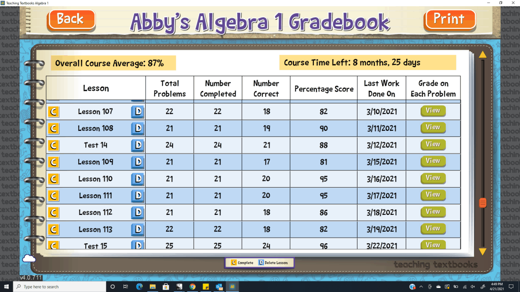 Gradebook for Teaching Textbooks' Math 4.0 Algebra I
