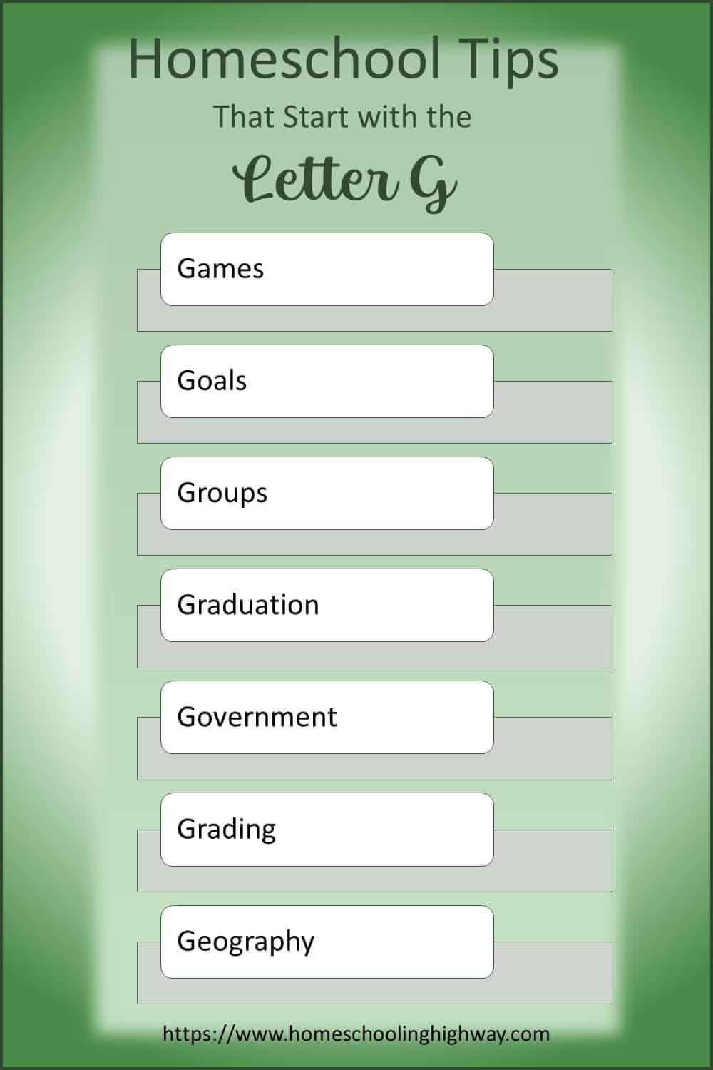 Homeschooling Tips That Start With G. Games, Goals, Groups, Graduation, Government, Grading