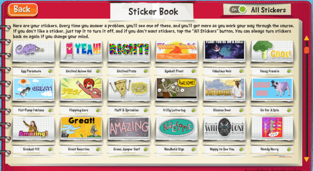 Sticker choices for Teaching Textbooks' Math 4.0