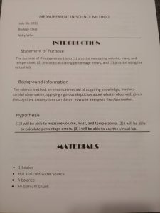 Lab report page 1 from Greg Landry's science class