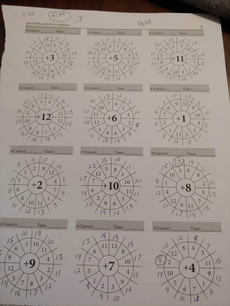 Addition speed wheel drill page from Math Essentials