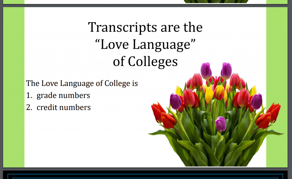 Pretty tulips with text that says Transcripts are the Love Languages of Colleges