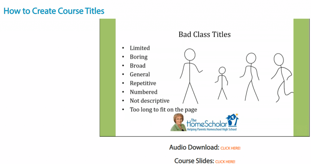 Stick figures on a course slide. Text gives examples of words that make a bad high school course title