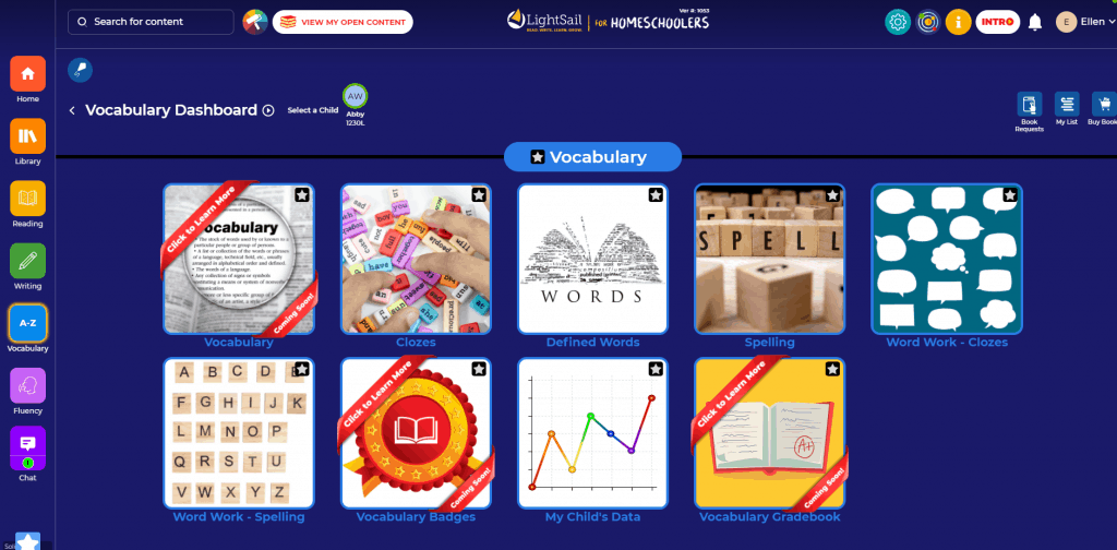 LightSail for Homeschoolers Vocabulary Section Index