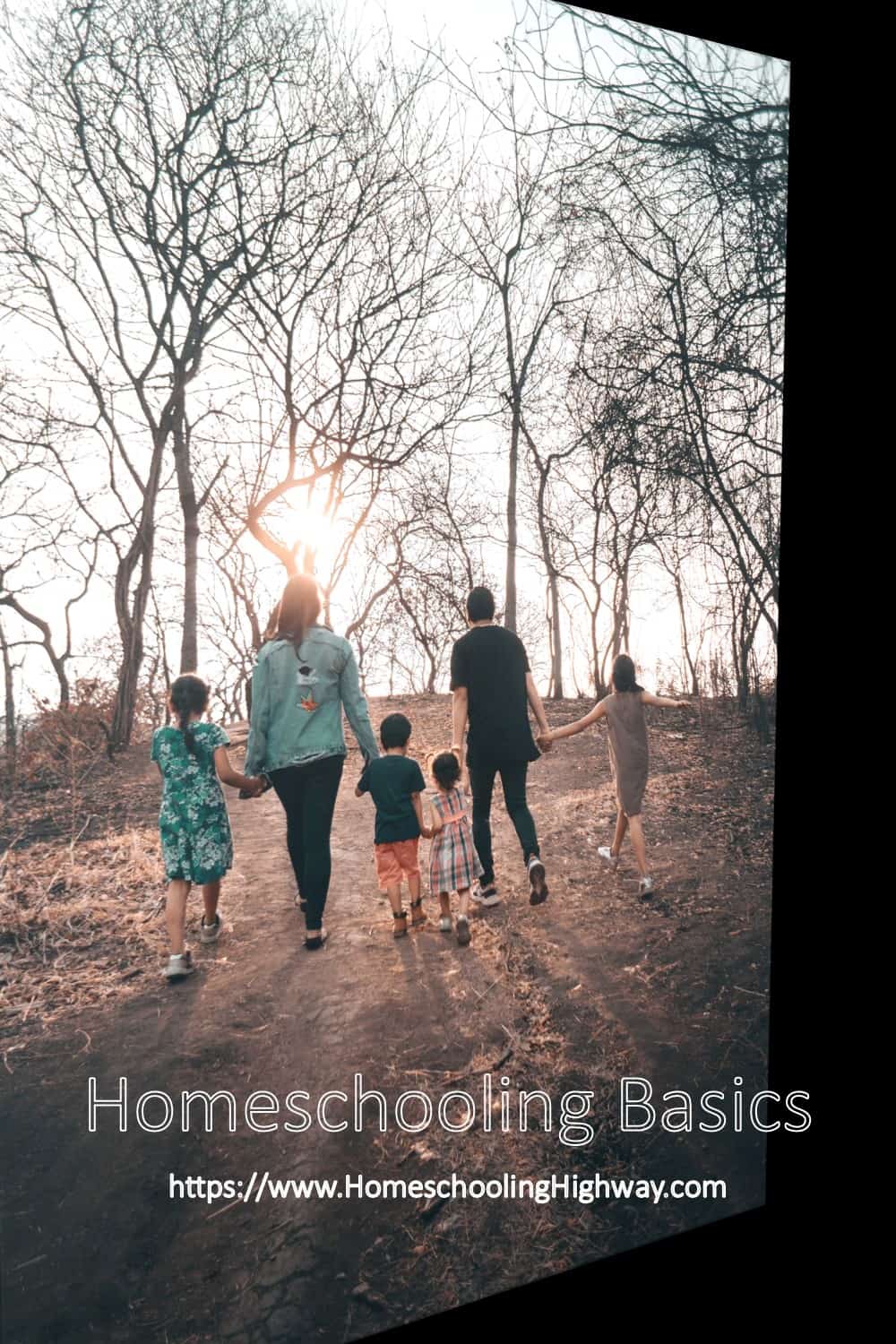 A family is walking in the woods. Homeschooling Basics by Homeschooling Highway
