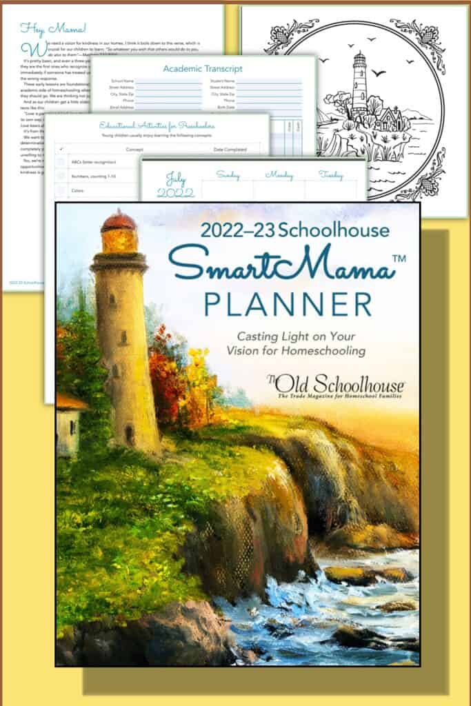Smart Mama Planner cover from SchoolhouseTeachers.com features a seashore with a lighthouse