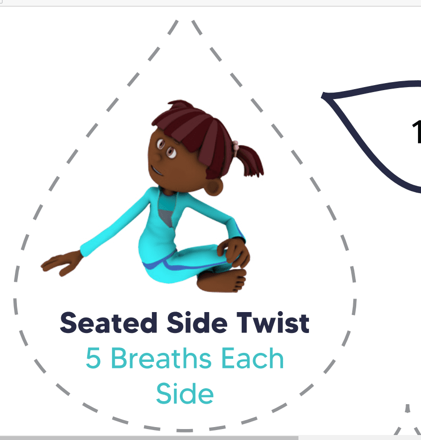 Yoga Flow seated side twist example by cartoon kids for Healthy Habit Tracke