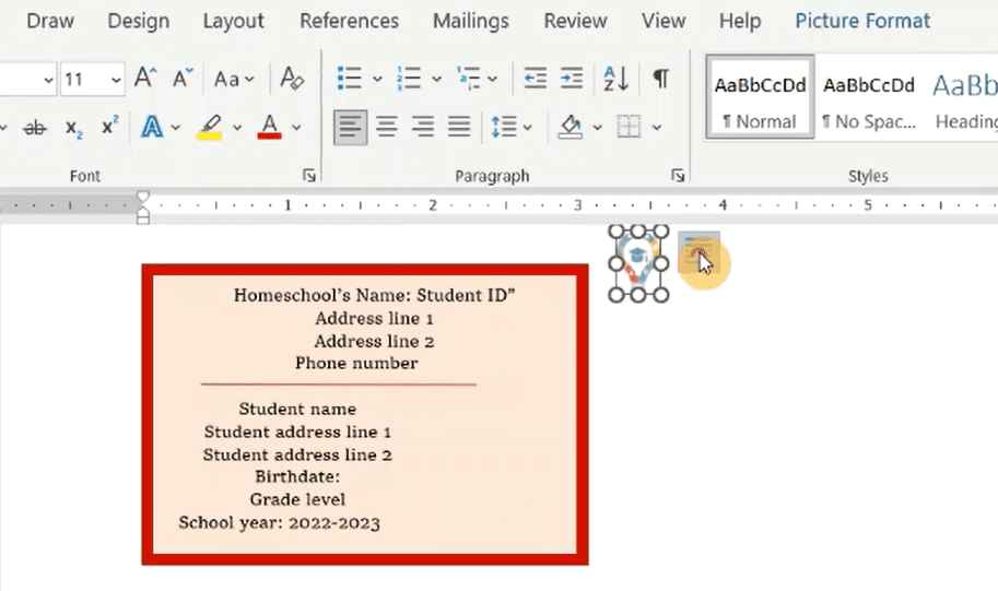 Screenshot from creating your homeschooled student's Identification card with Microsoft Word. by Homeschooling Highway
