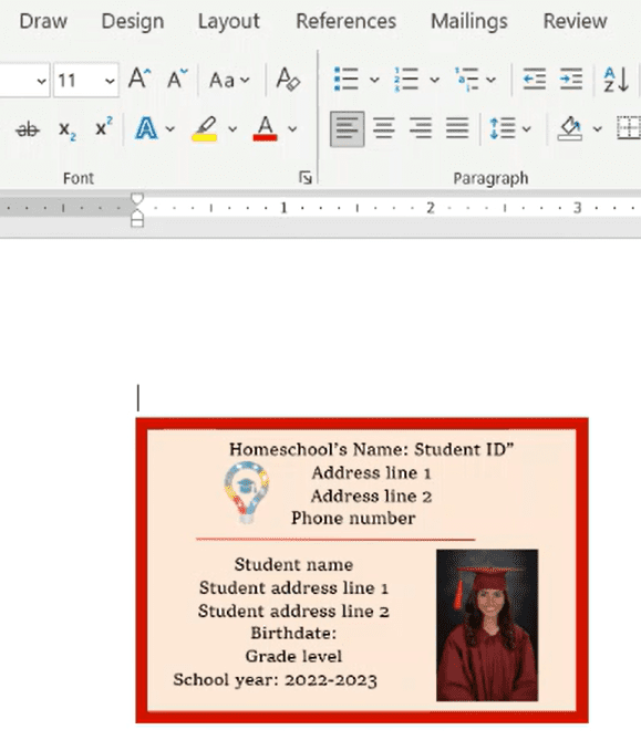 Screenshot from Creating your Homeschooled Student's Identification Card with Microsoft Word. by Homeschooling Highway