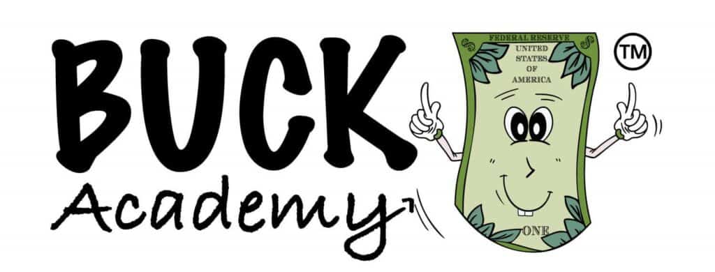 Buck Academy Logo. A green dollar bill is named Buck. 