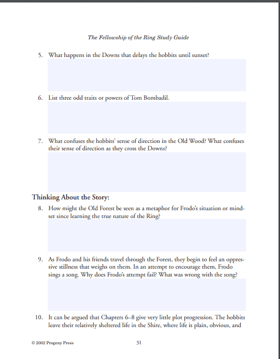 Study guide page for The Fellowship of the Ring by Progeny Press. Reviewed by Homeschooling Highway