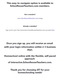 Page two of the sign in screen for interactive courses on SchoolhouseTeachers.com. Site reviewed by HomeschoolingHighway.com